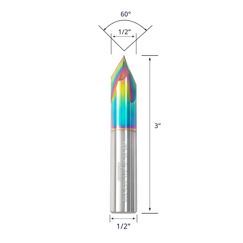 WEXWE Store Tools Chamfer End Mill for Wood, Alloy Steel, Hardened Steel, Carving, Drilling and Chamfering, V Groove, 60 Degree, Mill Bits Sets for DIY, 3 Flute, 1/2" Shank (1 Piece, 1/2 60°) - Image 2